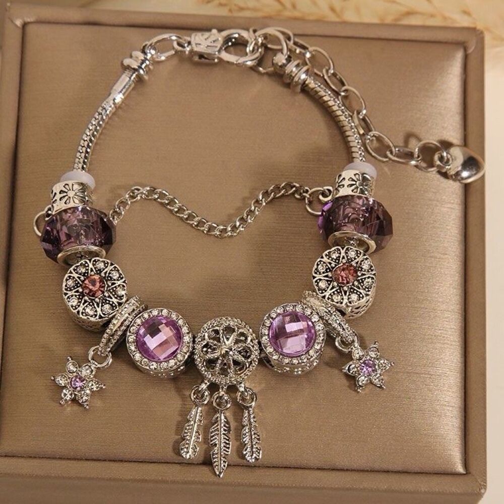 Purple Dreamcatcher Charm Bracelet Silver Tone Crystal Bead Jewelry NEW
